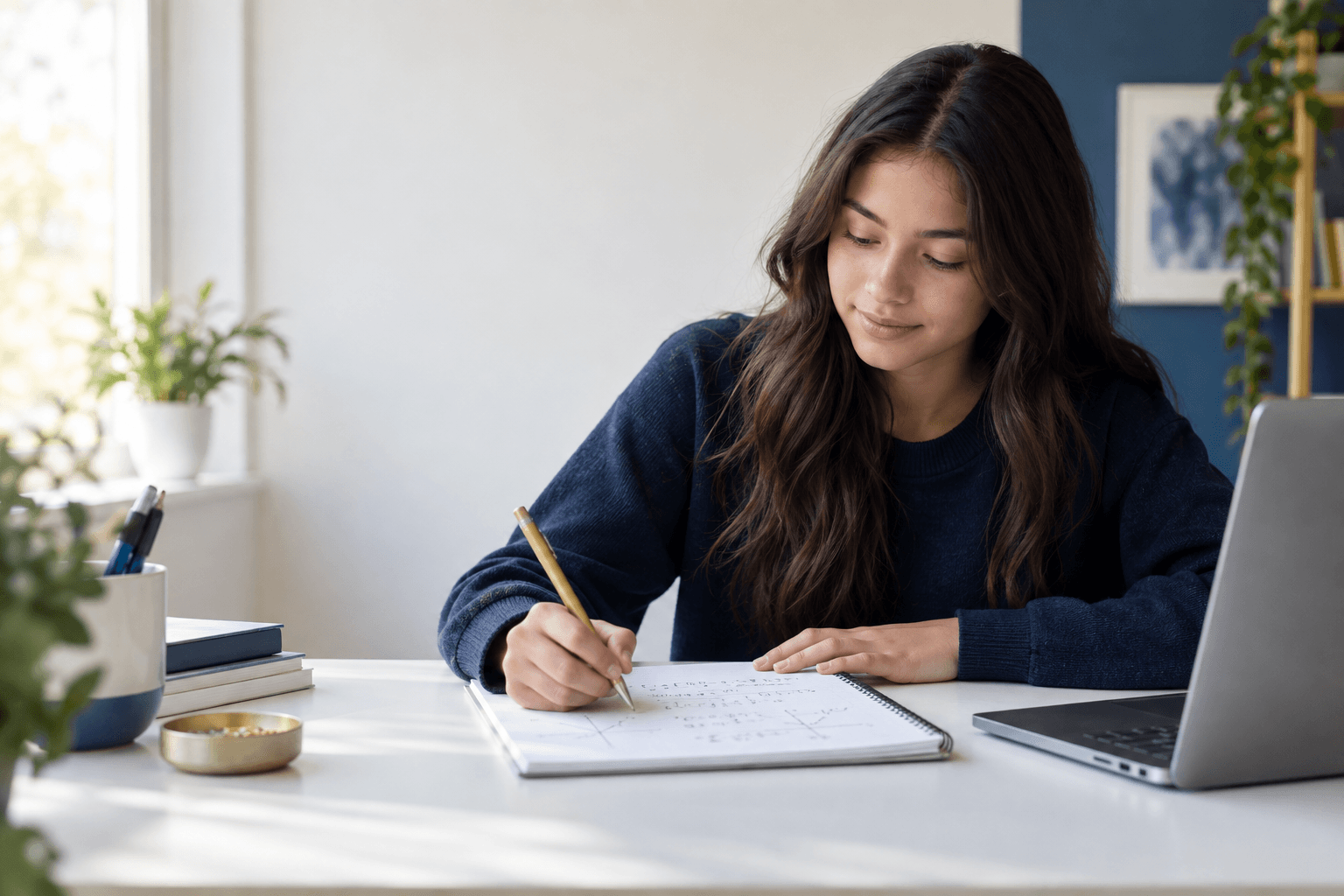 Student studying math in a notebook